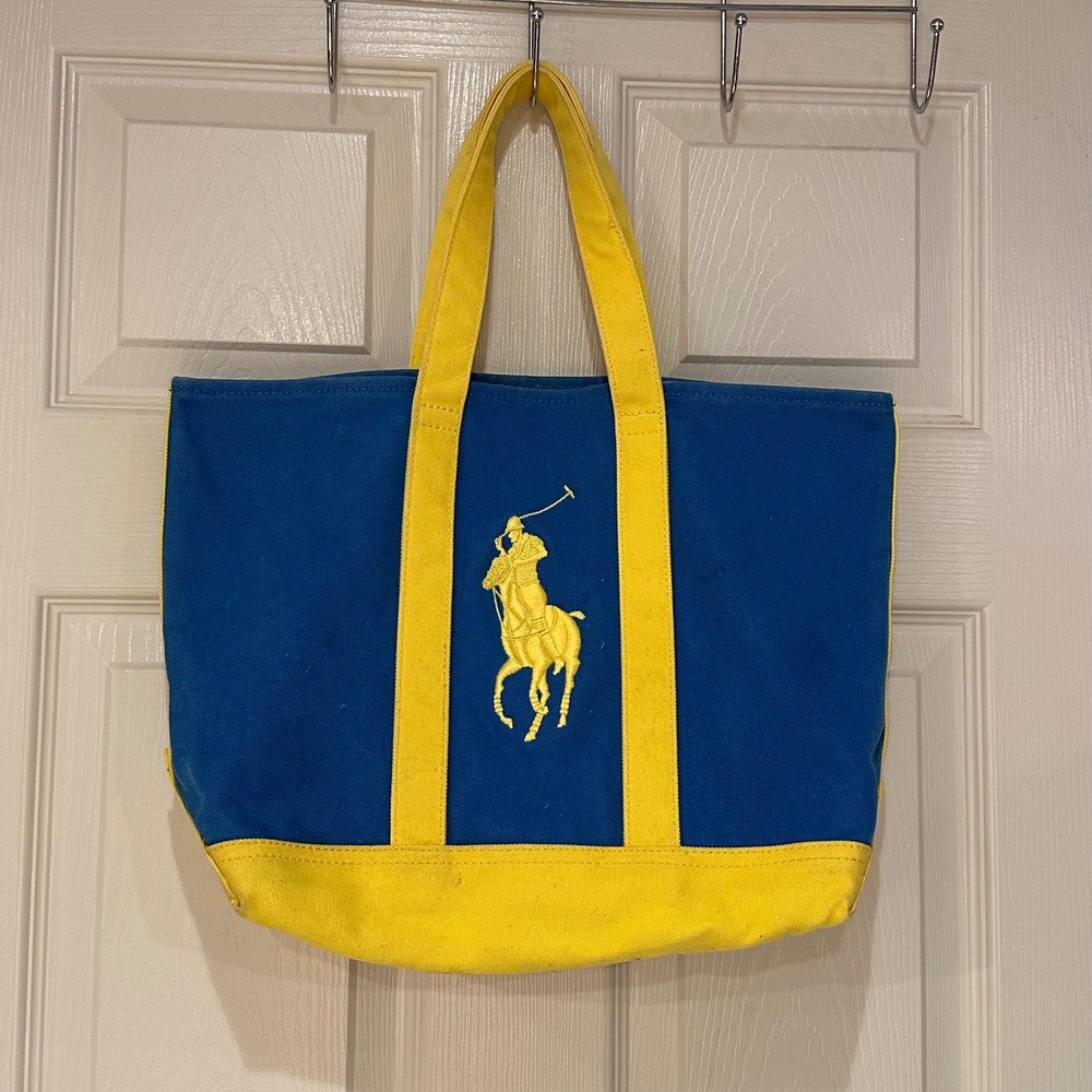 Polo Ralph Lauren Big Pony Canvas Tote Bag Blue Yellow Colorblock Carryall